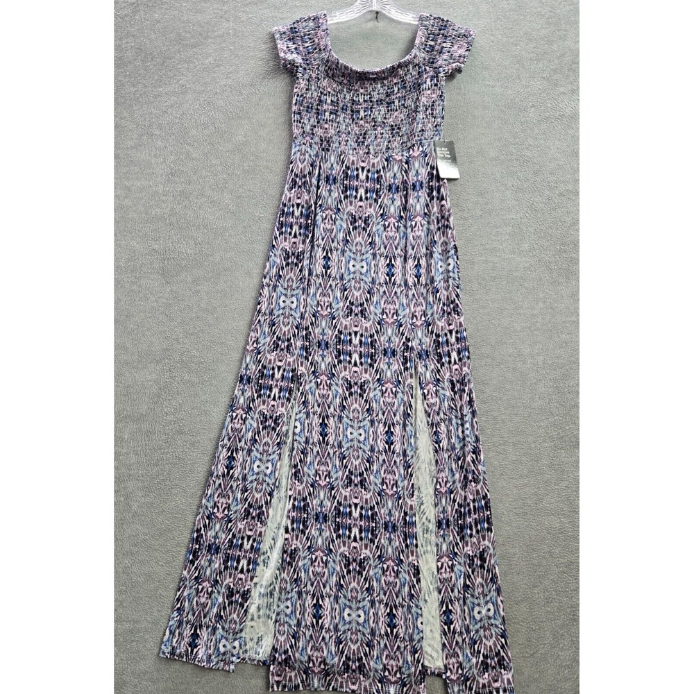 Express Women Dress Small Purple Geometric Smocked Maxi Short Sleeve NWT